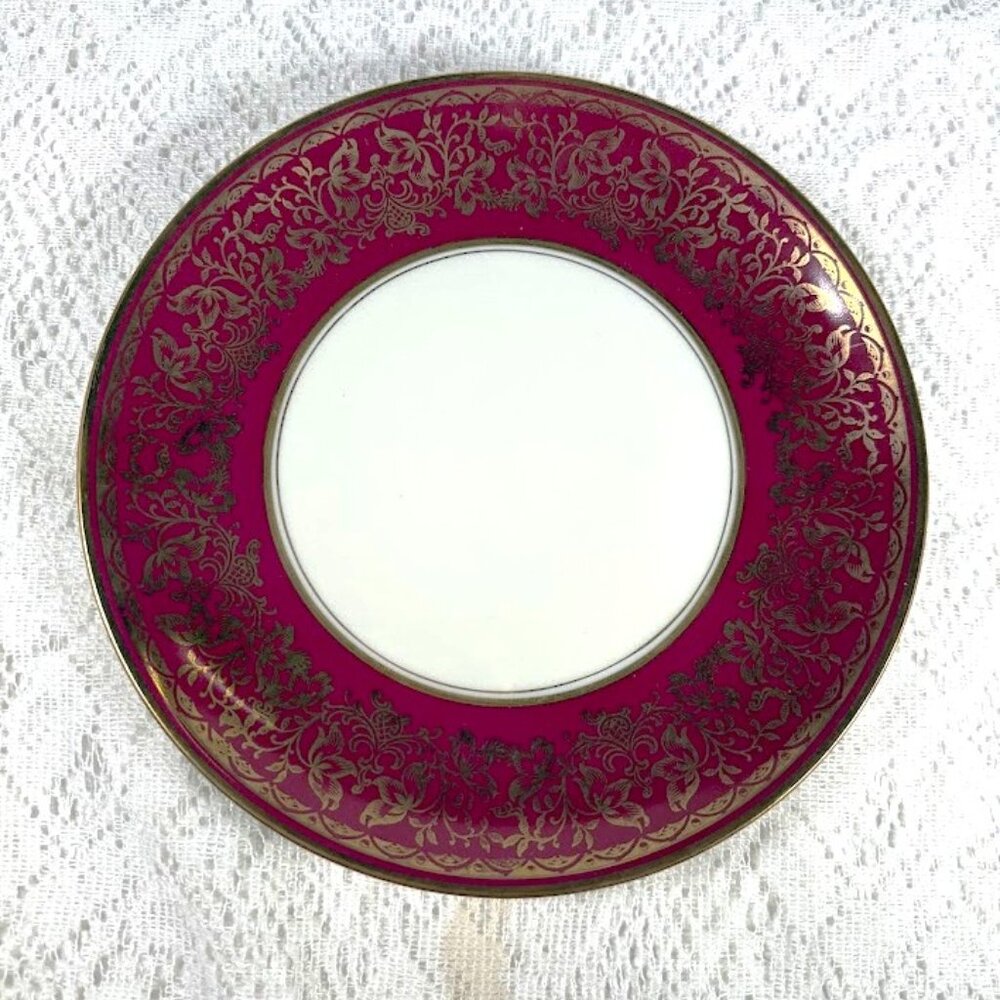 Vintage Eschenbach Bavaria Germany Salad Plate -Red & Gold Filigree, Porcerlain
